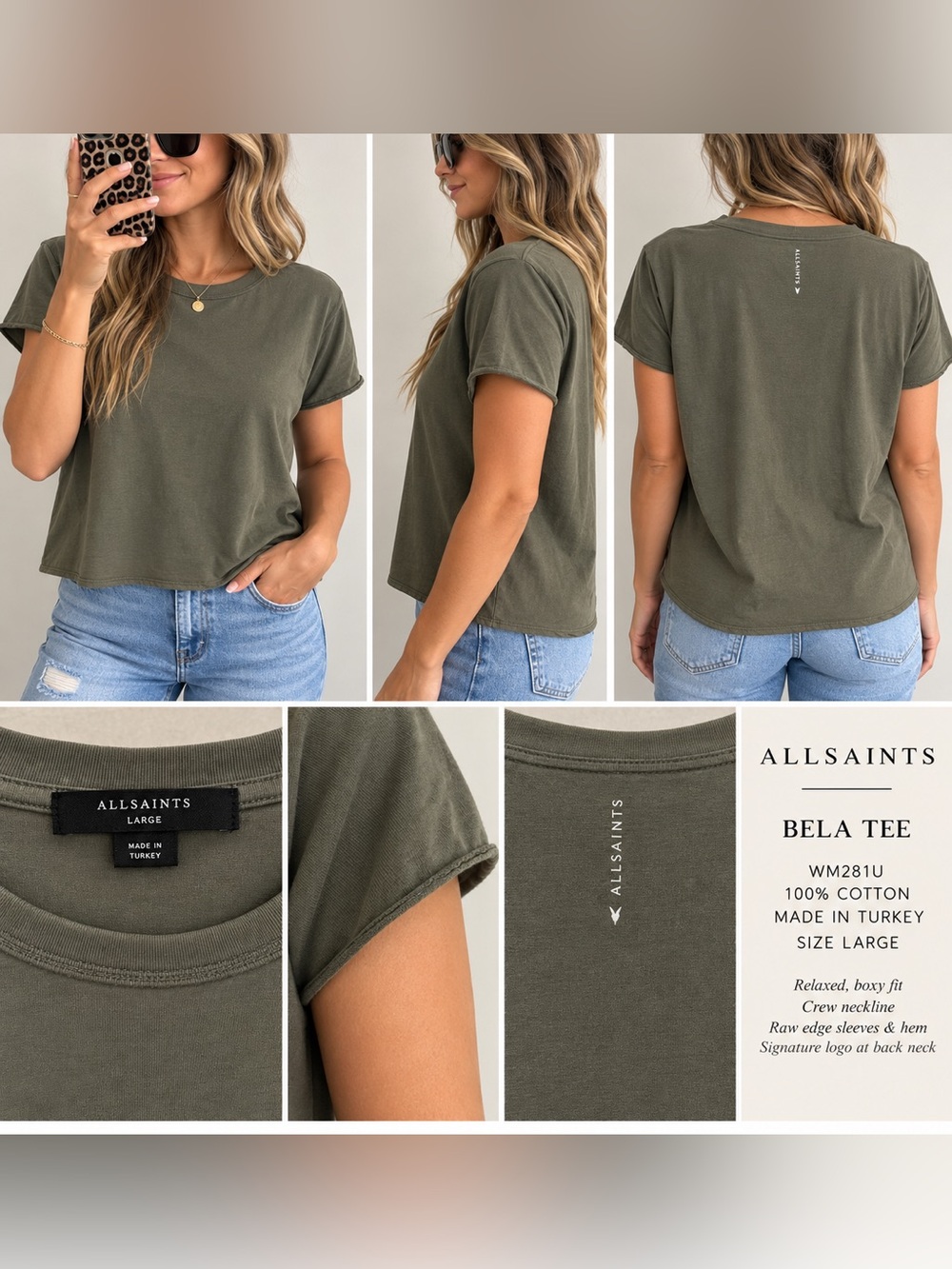 AllSaints Bella Olive Crew Neck Cotton Tee